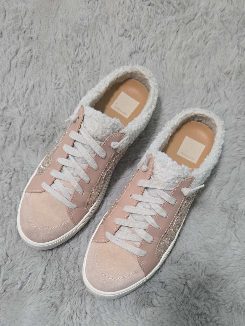 Dolce Vita Liame rose gold glitter fur trim slip-on lace up sneakers size 9
